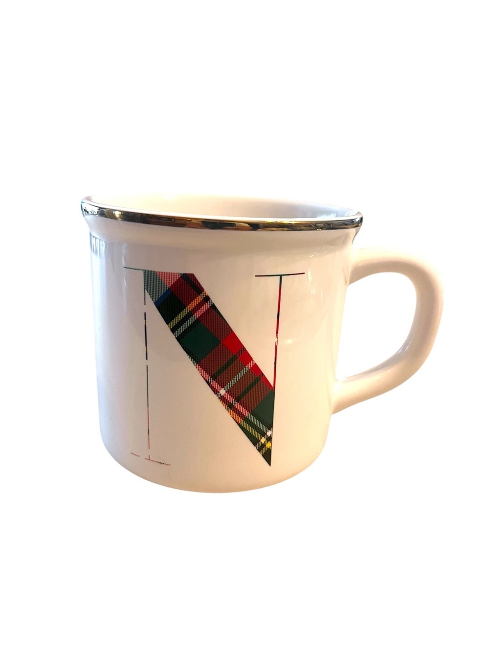 POTTERY BARN Stewart Plaid Alphabet Initial Mug “N” Stoneware Gold Rim VGUC